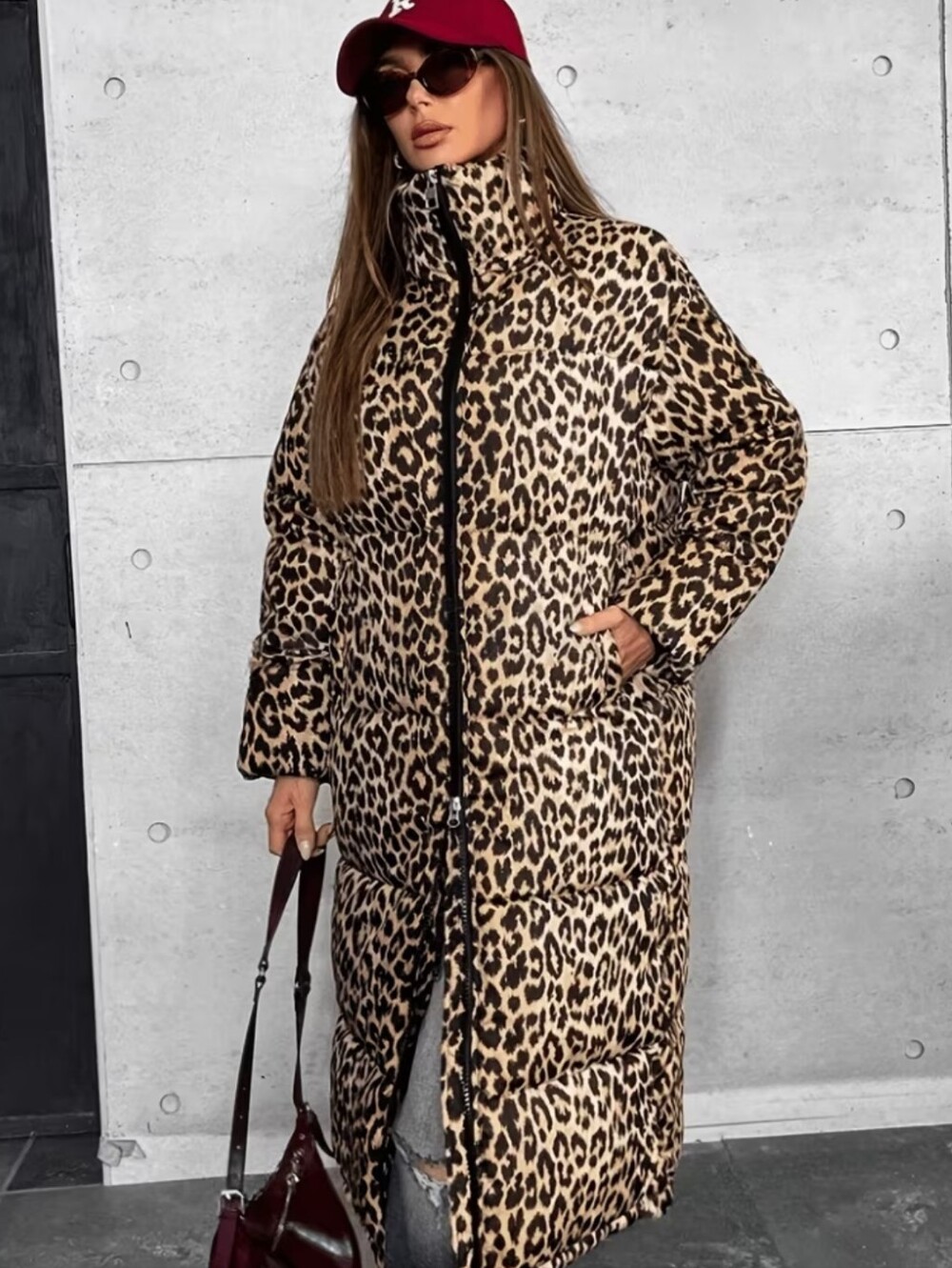 Leopard Print Long Puffer Coat - Brown - Picture 2 of 6